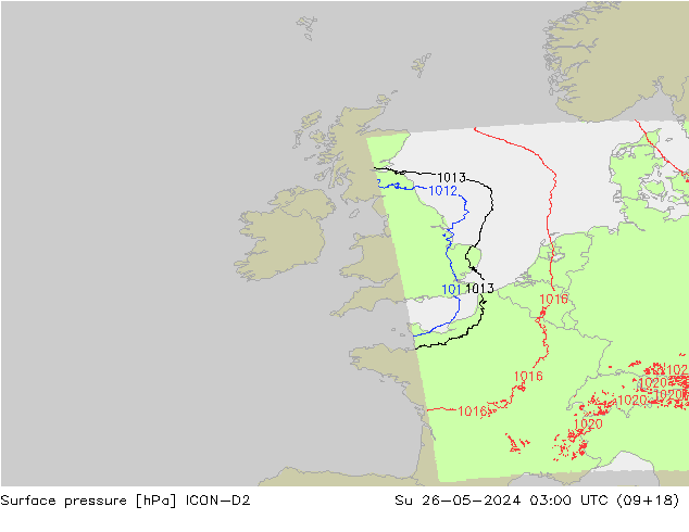 Presión superficial ICON-D2 dom 26.05.2024 03 UTC