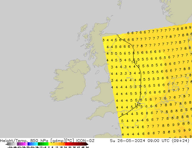 Height/Temp. 850 hPa ICON-D2 Su 26.05.2024 09 UTC