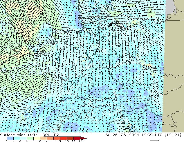 Surface wind (bft) ICON-D2 Su 26.05.2024 12 UTC