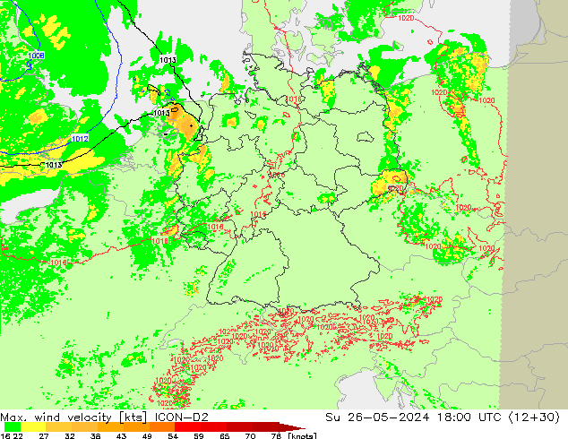 Max. wind velocity ICON-D2 Su 26.05.2024 18 UTC