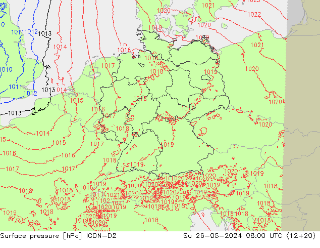 Presión superficial ICON-D2 dom 26.05.2024 08 UTC