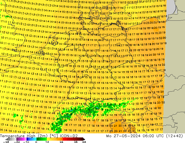 Temperature High (2m) ICON-D2 Mo 27.05.2024 06 UTC