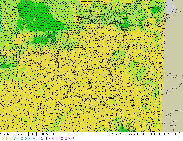 Wind 10 m ICON-D2 za 25.05.2024 18 UTC