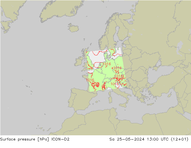 Presión superficial ICON-D2 sáb 25.05.2024 13 UTC