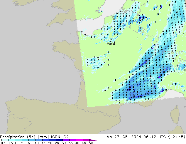 Precipitation (6h) ICON-D2 Mo 27.05.2024 12 UTC