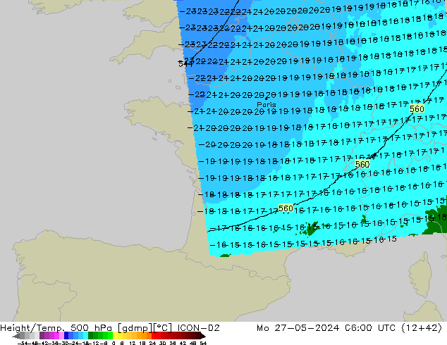 Height/Temp. 500 hPa ICON-D2 Mo 27.05.2024 06 UTC