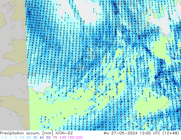 Precipitación acum. ICON-D2 lun 27.05.2024 12 UTC