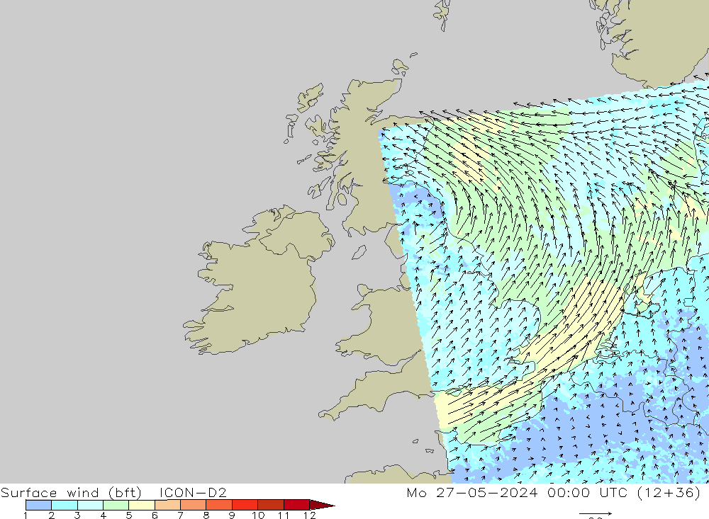 Surface wind (bft) ICON-D2 Mo 27.05.2024 00 UTC