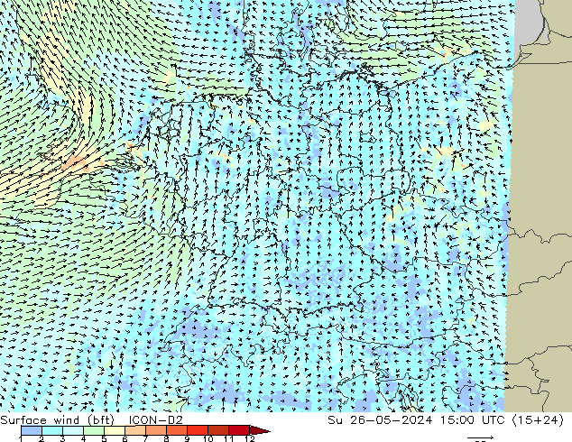 Wind 10 m (bft) ICON-D2 zo 26.05.2024 15 UTC