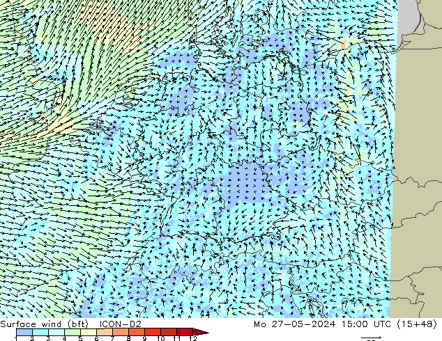 Surface wind (bft) ICON-D2 Po 27.05.2024 15 UTC