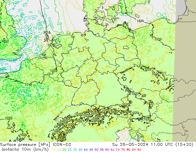 Izotacha (km/godz) ICON-D2 nie. 26.05.2024 11 UTC