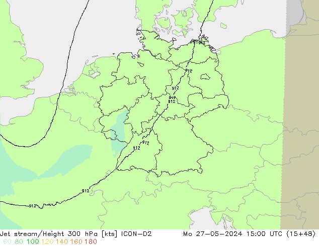 Jet stream/Height 300 hPa ICON-D2 Po 27.05.2024 15 UTC