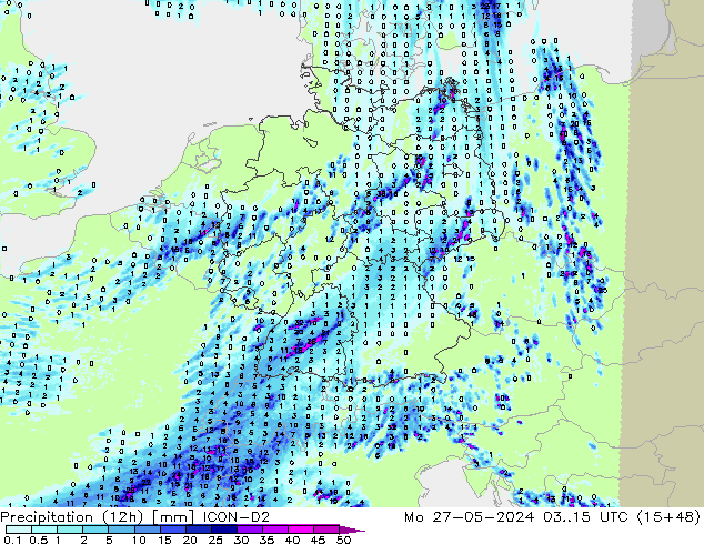 Precipitation (12h) ICON-D2 Mo 27.05.2024 15 UTC