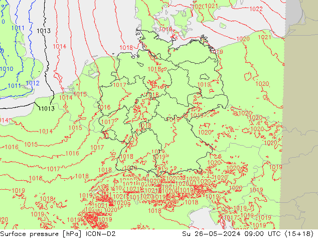 Luchtdruk (Grond) ICON-D2 zo 26.05.2024 09 UTC