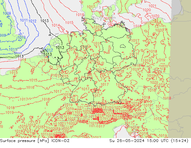 Luchtdruk (Grond) ICON-D2 zo 26.05.2024 15 UTC