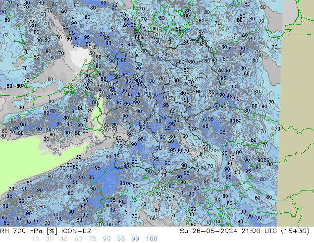 RH 700 hPa ICON-D2 nie. 26.05.2024 21 UTC