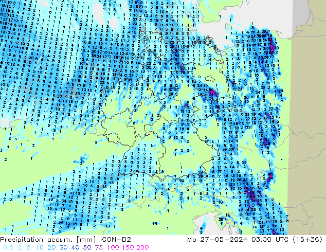 Totale neerslag ICON-D2 ma 27.05.2024 03 UTC