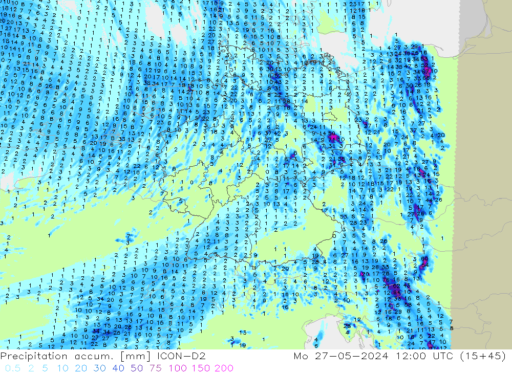 Precipitation accum. ICON-D2 Seg 27.05.2024 12 UTC