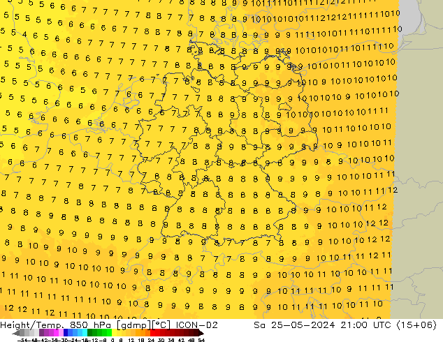 Height/Temp. 850 hPa ICON-D2 Sa 25.05.2024 21 UTC