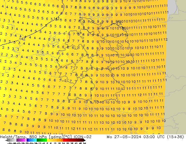 Hoogte/Temp. 850 hPa ICON-D2 ma 27.05.2024 03 UTC