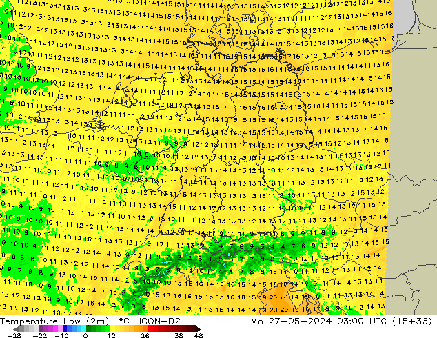 Temp. minima (2m) ICON-D2 lun 27.05.2024 03 UTC