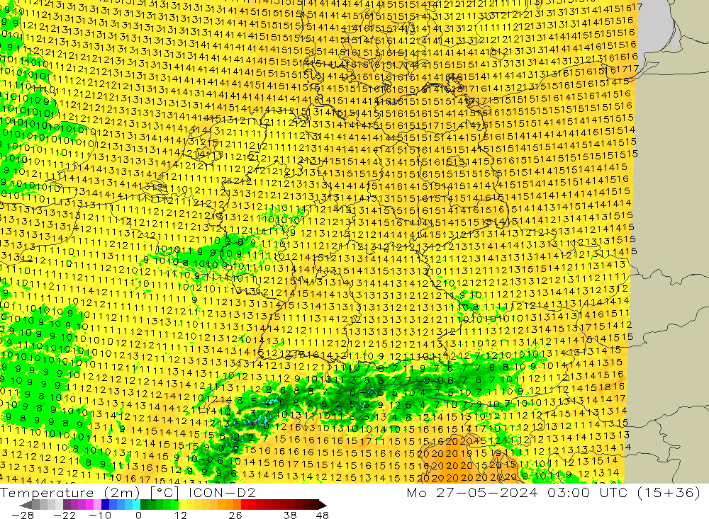 Temperature (2m) ICON-D2 Mo 27.05.2024 03 UTC