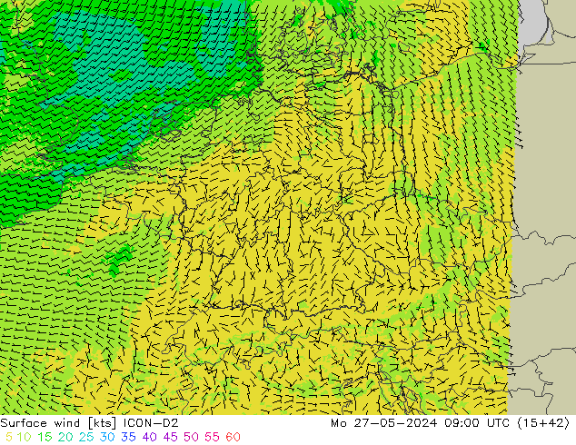 Vento 10 m ICON-D2 lun 27.05.2024 09 UTC