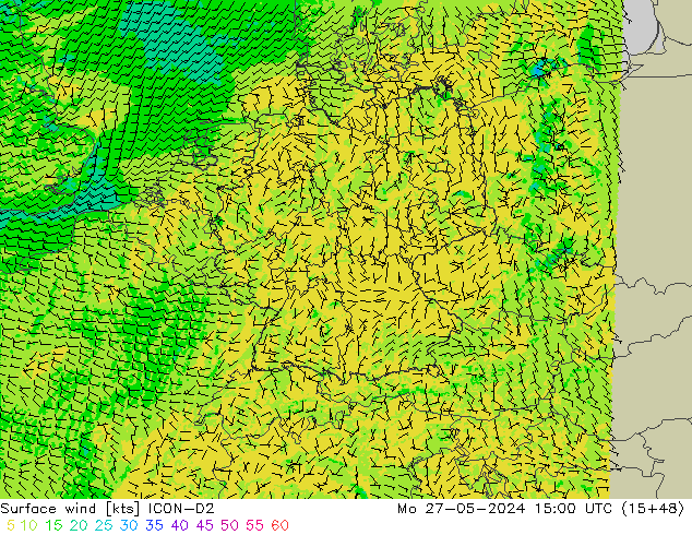 Vento 10 m ICON-D2 lun 27.05.2024 15 UTC