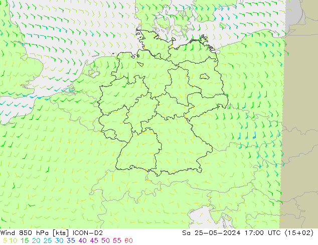 Wind 850 hPa ICON-D2 za 25.05.2024 17 UTC