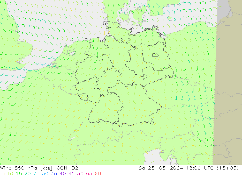 Viento 850 hPa ICON-D2 sáb 25.05.2024 18 UTC