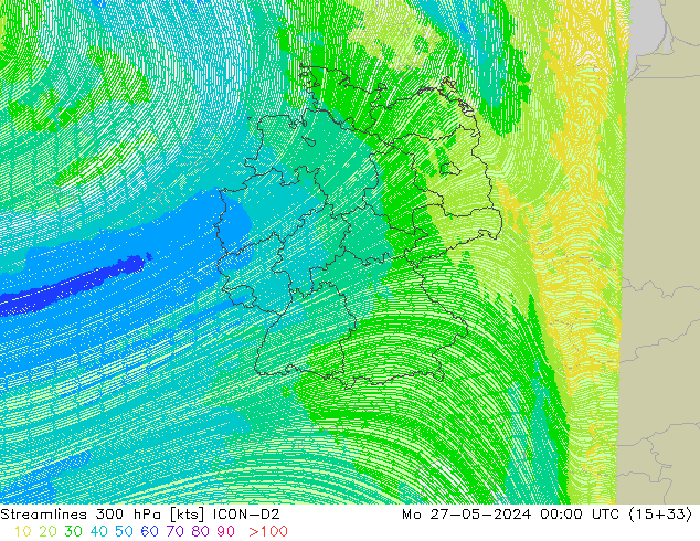 Stromlinien 300 hPa ICON-D2 Mo 27.05.2024 00 UTC