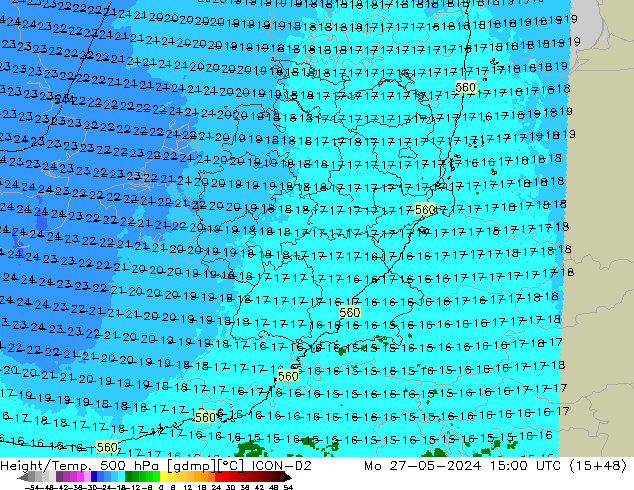 Height/Temp. 500 hPa ICON-D2 Mo 27.05.2024 15 UTC