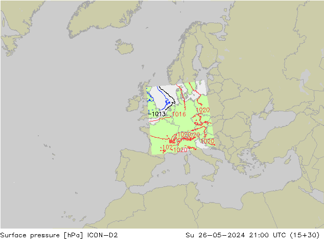 Atmosférický tlak ICON-D2 Ne 26.05.2024 21 UTC