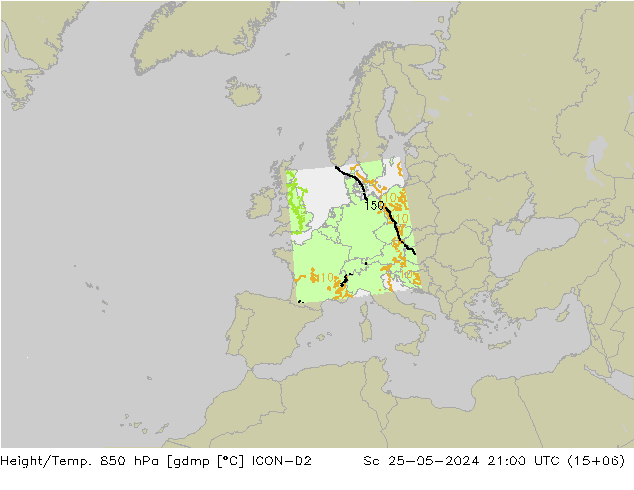 Geop./Temp. 850 hPa ICON-D2 sáb 25.05.2024 21 UTC