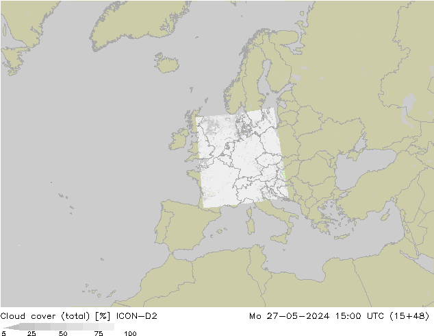 Cloud cover (total) ICON-D2 Mo 27.05.2024 15 UTC