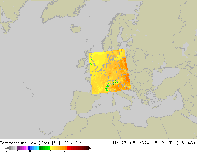 Nejnižší teplota (2m) ICON-D2 Po 27.05.2024 15 UTC