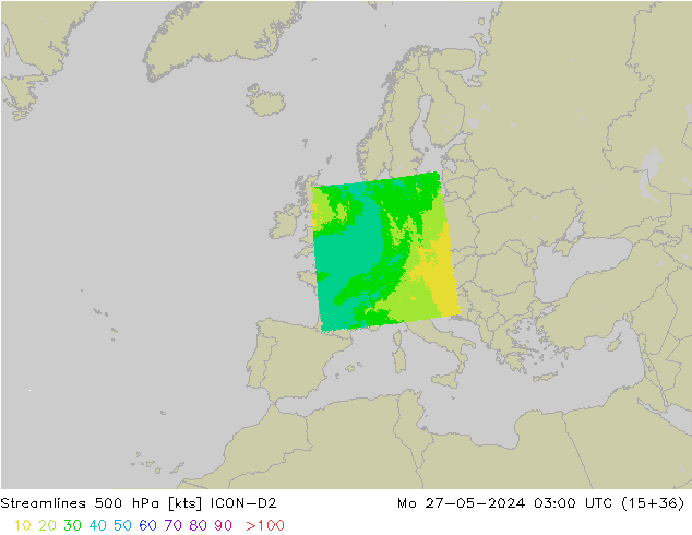 Línea de corriente 500 hPa ICON-D2 lun 27.05.2024 03 UTC