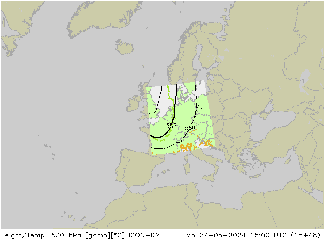Height/Temp. 500 hPa ICON-D2 Mo 27.05.2024 15 UTC