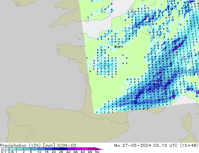 Precipitation (12h) ICON-D2 Mo 27.05.2024 15 UTC