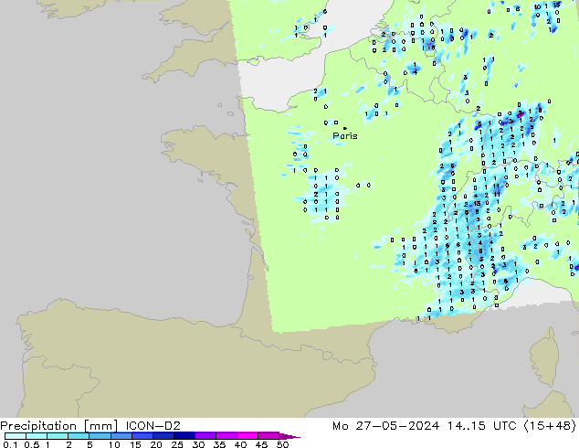 Precipitation ICON-D2 Mo 27.05.2024 15 UTC