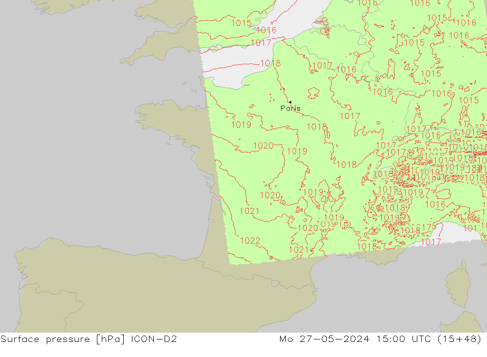 Surface pressure ICON-D2 Mo 27.05.2024 15 UTC