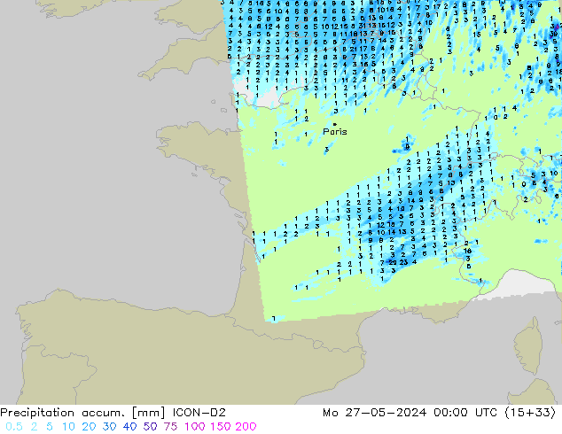Precipitation accum. ICON-D2 Mo 27.05.2024 00 UTC