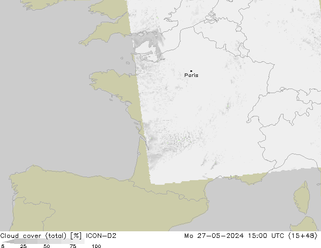 Cloud cover (total) ICON-D2 Mo 27.05.2024 15 UTC