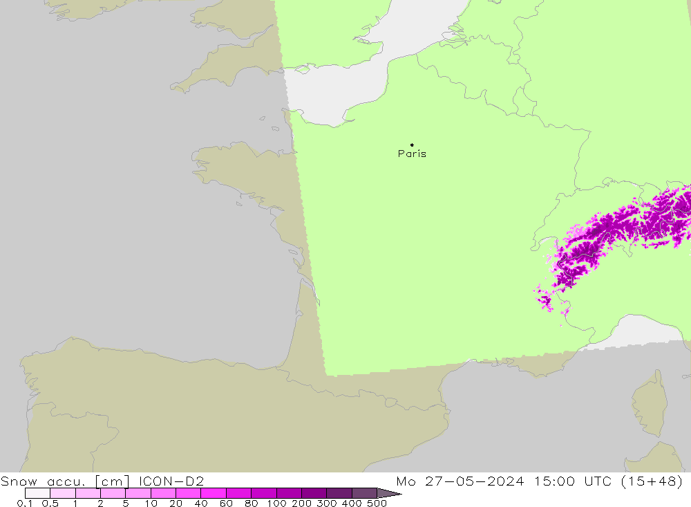 Snow accu. ICON-D2 Mo 27.05.2024 15 UTC