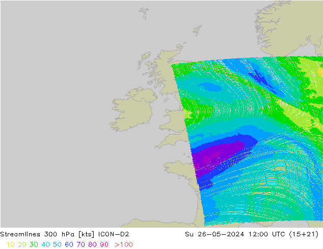 Streamlines 300 hPa ICON-D2 Su 26.05.2024 12 UTC