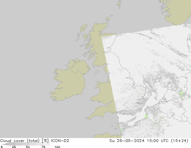 Cloud cover (total) ICON-D2 Su 26.05.2024 15 UTC