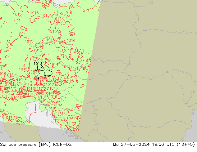 Pressione al suolo ICON-D2 lun 27.05.2024 18 UTC