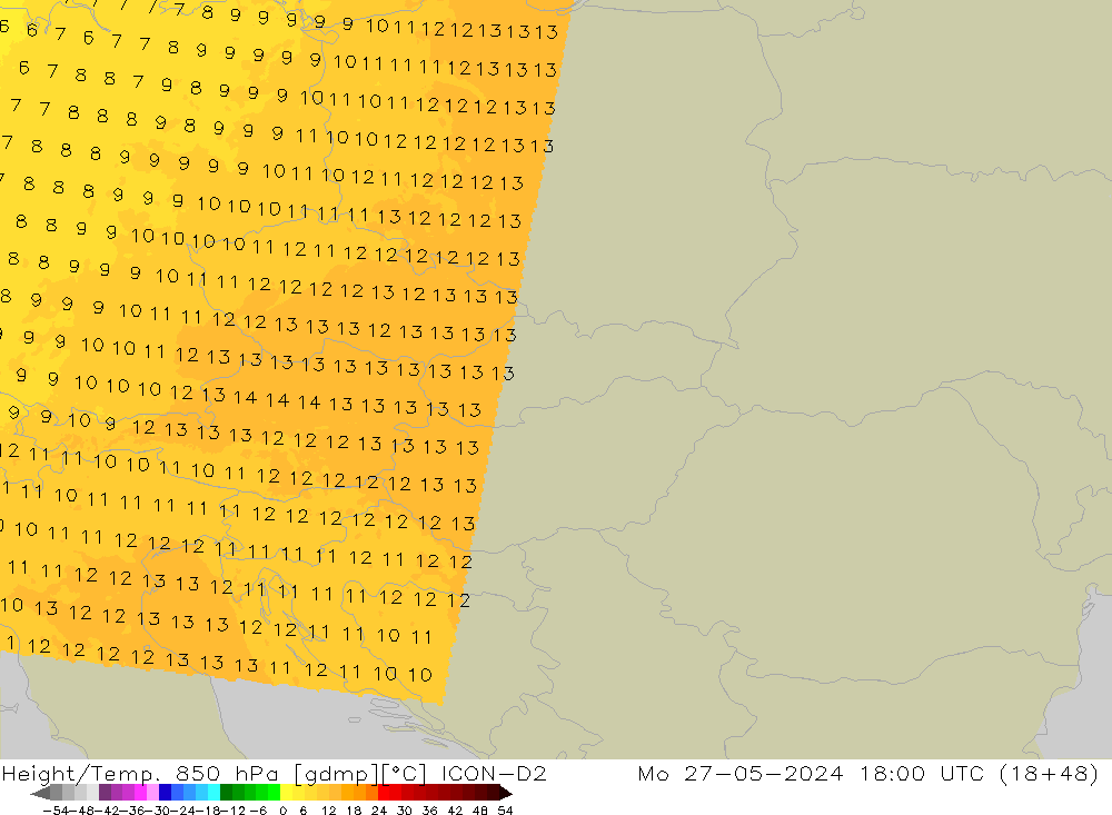 Height/Temp. 850 hPa ICON-D2 Mo 27.05.2024 18 UTC