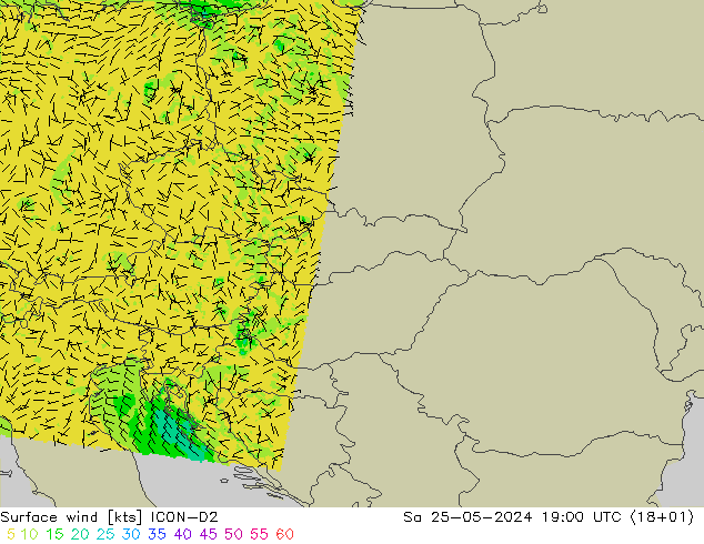 ветер 10 m ICON-D2 сб 25.05.2024 19 UTC