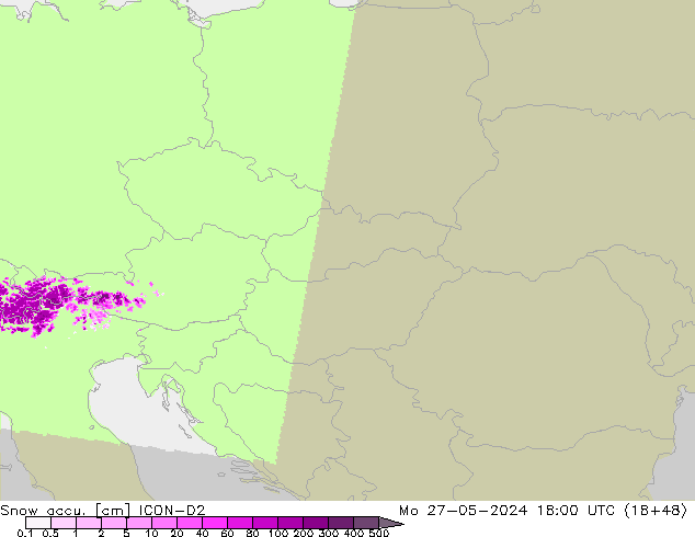 Snow accu. ICON-D2 Mo 27.05.2024 18 UTC